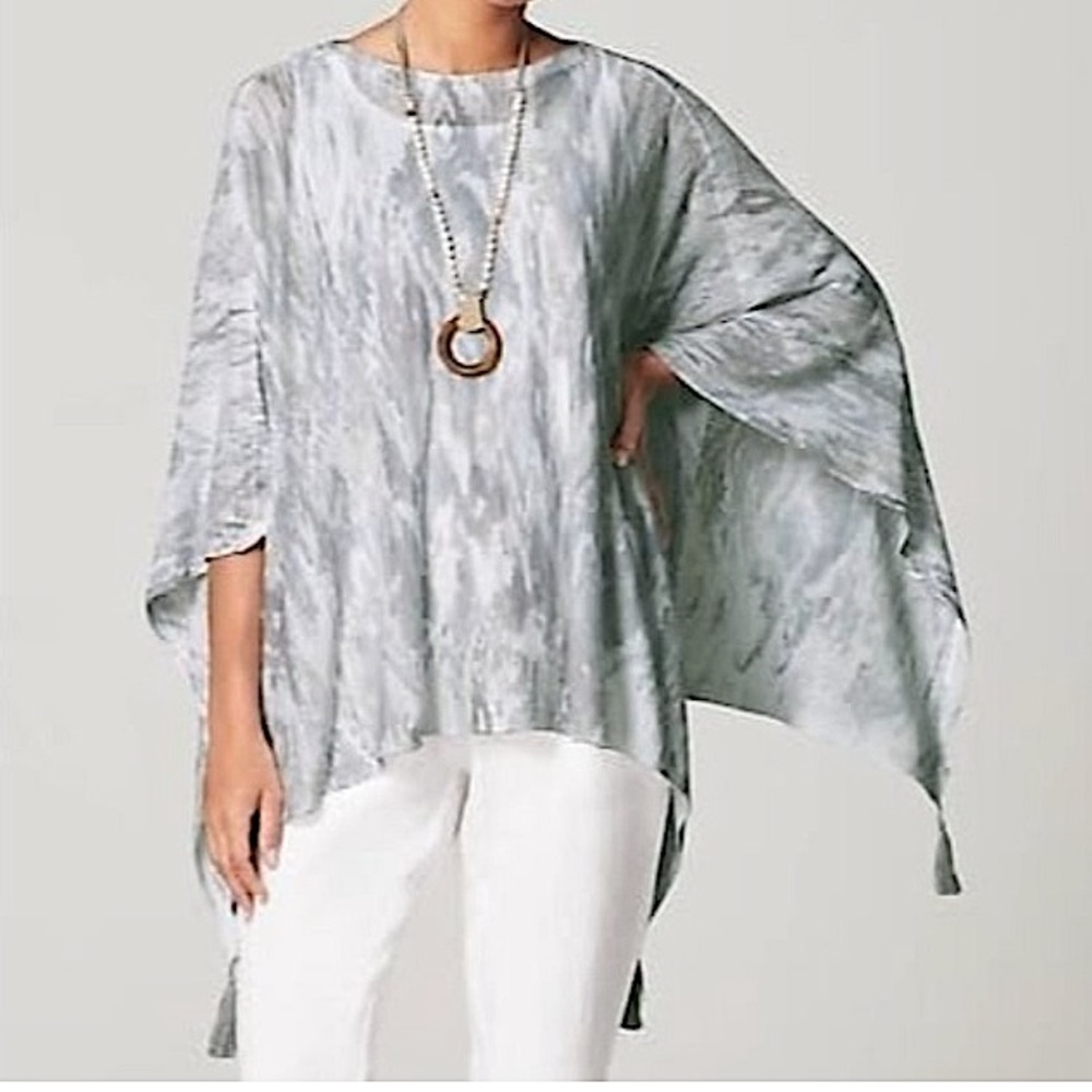 J. Jill Watercolor Ikat Gray One Size Coastal Grandma Boho Artisan Poncho - Picture 10 of 11